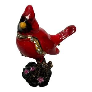 Cardinal Bird Trinket Box Metal Enameled Animal Figurines Collectable Ring